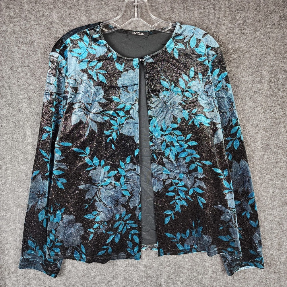Onyx Nite Cardigan Women XL Black Blue Floral Metallic Glitter Open Front USA